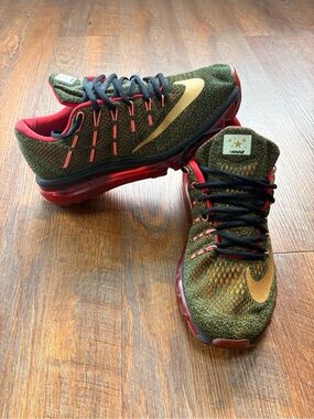 Nike Flyknit Air Max Sneakers - Olive & Red with Gold Swoosh